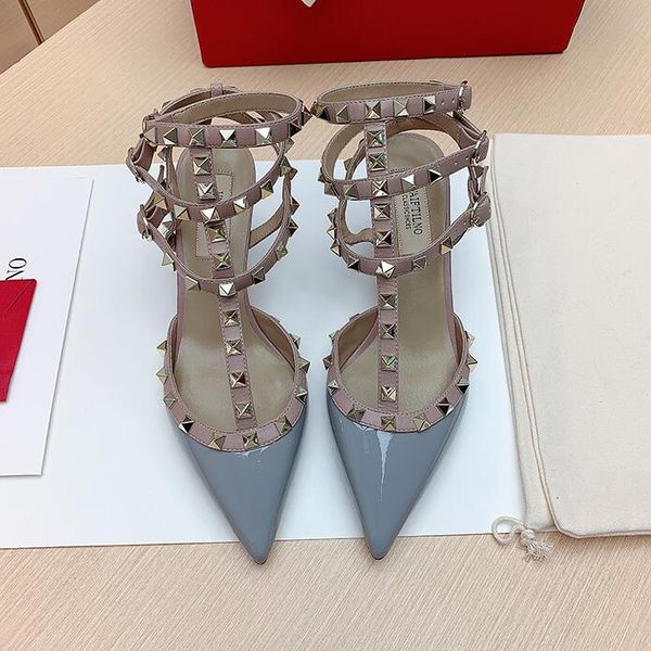 

new designer 6cm women heel sandals genuine leather women 23ss wedding shoes with rivets black/nude sandals heels