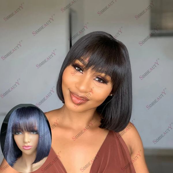

silky straight human hair machine made fringe wigs short bob 180 density smooth hairs brazilian wigs, Black