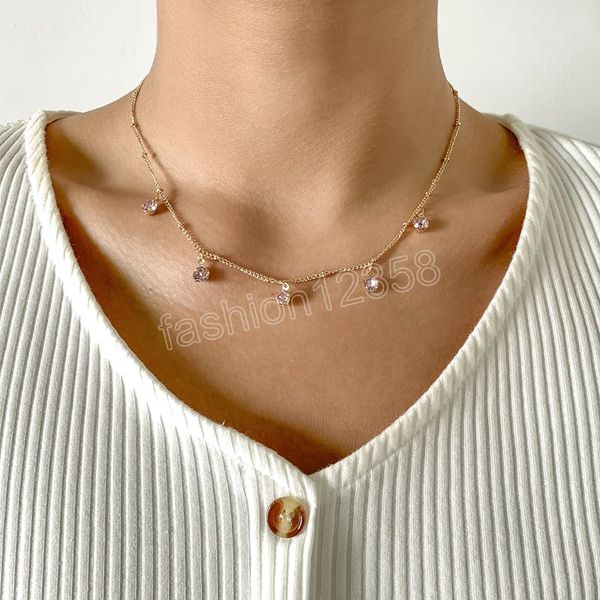 

fashion boho simple gold crystal drop pendant choker necklace for women vintage collar bead chain jewelry party gift, Silver