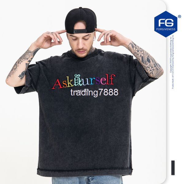 

men's t-shirts fg menswear | spring and summer fashion brand hip hop raiow letter embroidery wash water reverse line round neck short s, White;black