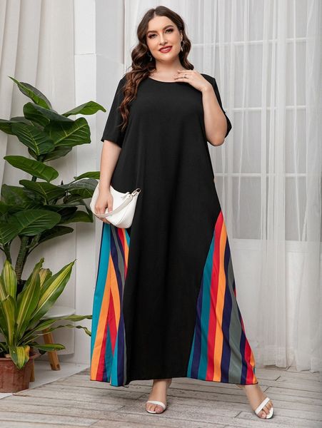 

plus rainbow stripe print maxi dress s8vb#, Black