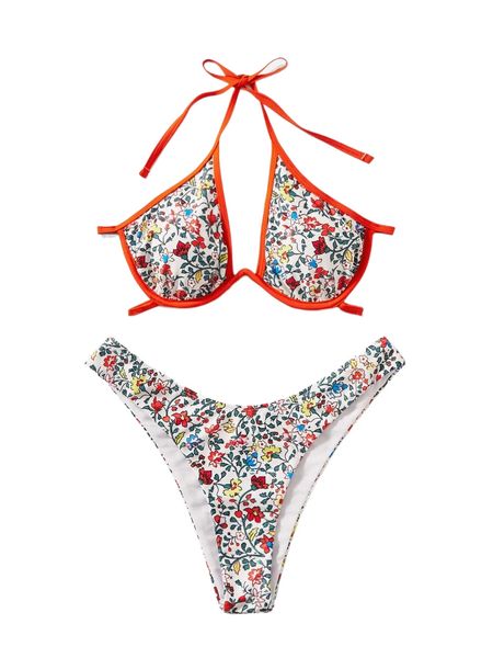 

floral binding trim push up bikini swimsuit x7bl#, White;black