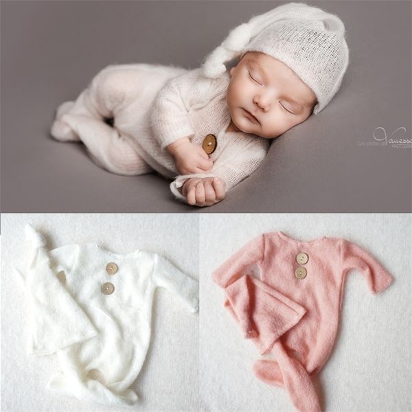 Häkeln Sie Mohair Fotografia Baby Kleidung geboren Pografie Requisiten Junge Hüte Strampler Set Indoor DIY Po Studio Zubehör 220817