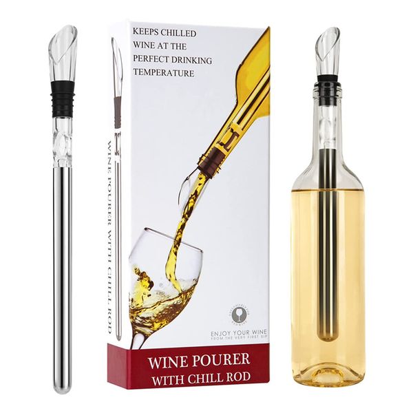 Raffreddatore di vino 3 in 1 in acciaio inossidabile Vini rossi ghiacciati Bottiglia di raffreddamento rapido Bastone Bevanda Asta di refrigerazione congelata con aeratore e versatore Accessori perfetti per utensili da bar