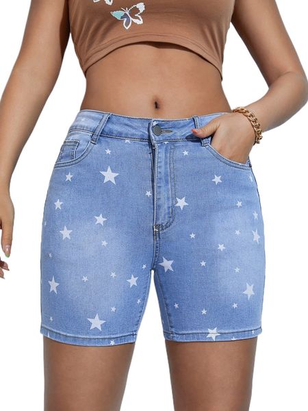 

star print biker denim shorts j2ji#, White;black