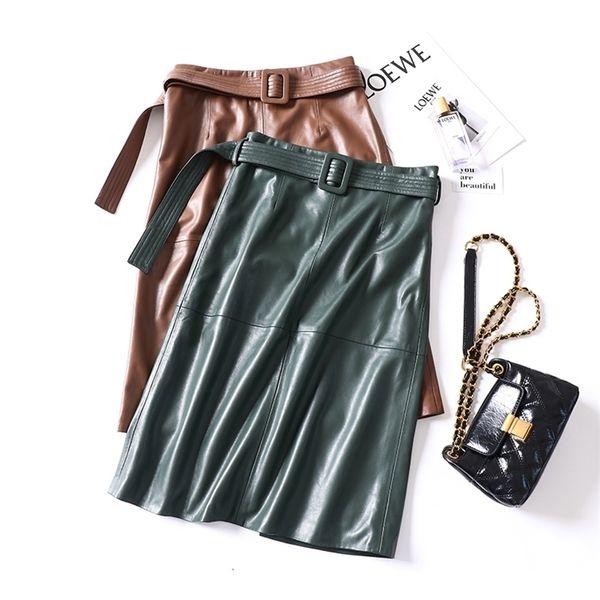 

harleyfashion winter women luxury pu leather skirt high street green khaki black sheap genuine leather touch straight skirt 210315
