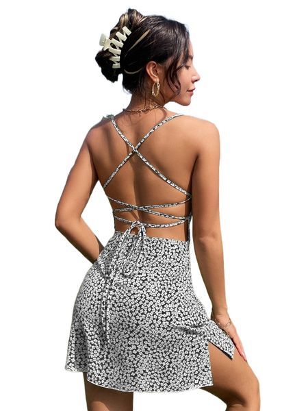 

ditsy floral criss-cross backless split cami dress t5en#, Black;gray
