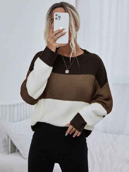 

color block drop shoulder sweater 90zs#, White;black