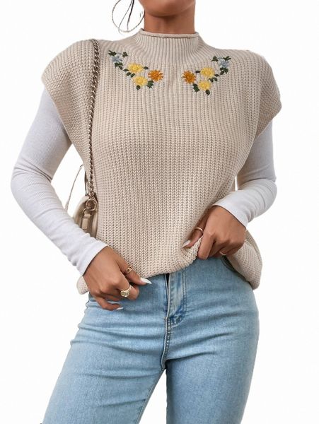 

floral embroidered mock neck sweater vest without tee v63m#, White;black