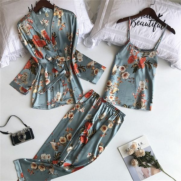 

daeyard 3 pieces silk pajama set print nightwear pijama home suit women lingerie pyjama bride robe satin kimono floral robe t200612, Black;red