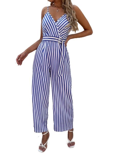 

vertical striped surplice belted jumpsuit d8am#, Black;white
