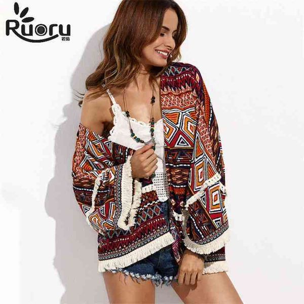 Rouoru Protetor solar Roupas feminino A luto de verão encobrimento de tamanho grande camisa de blusa de mulher top boho margem kimono praia capa 210401