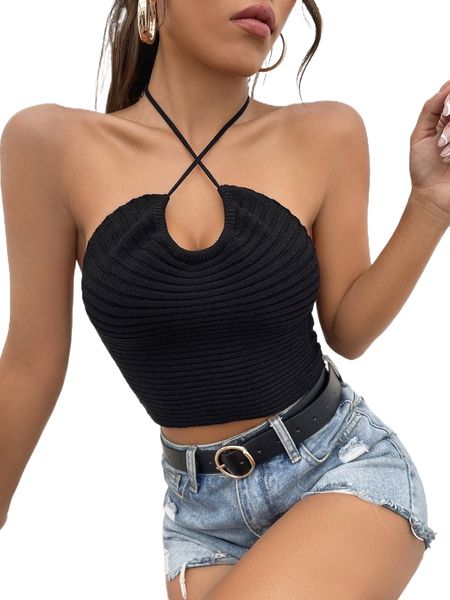

crisscross tie backless crop halter knit 84cw#, White;black
