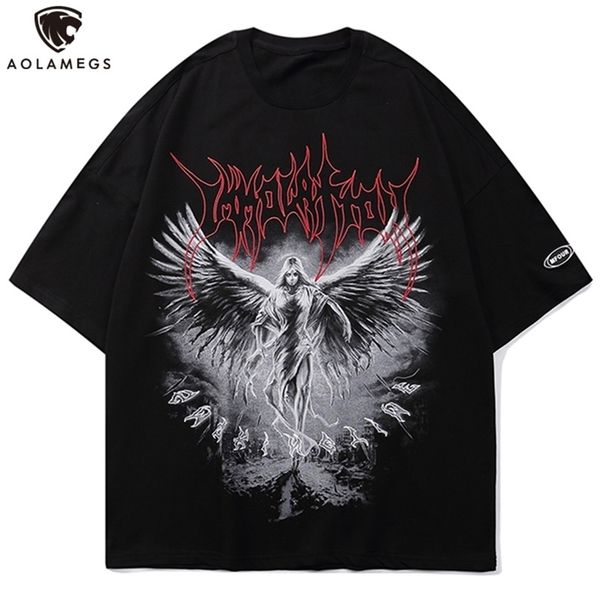 

aolamegs men gothic punk style letter printed oversized t shirt 3 color optional tee high street hipster summer streetwear 220708, White;black