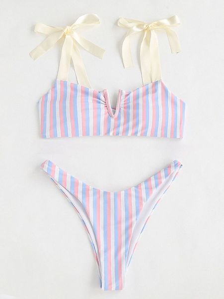 

striped knot shoulder v wired bikini swimsuit g3sq#, White;black