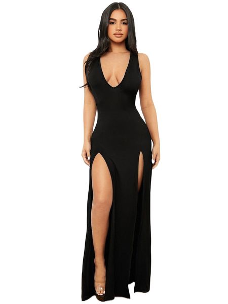 

sxy solid split thigh plunging neck bodycon dress x5dz#, Black;gray