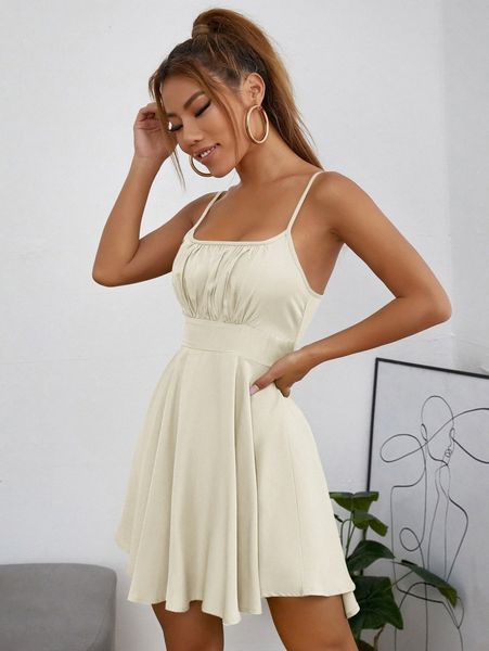 

petite ruched bust flare hem cami dress l9mq#, Black;gray