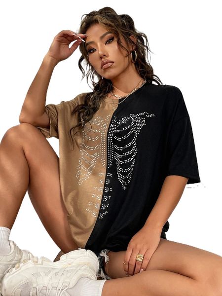 

colorblock & skeleton print drop shoulder oversized tee 664u#, White