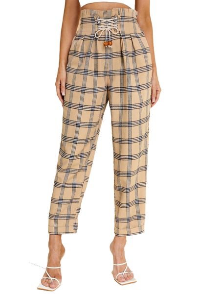 

plaid print lace up tie front pants s842#, Black;white