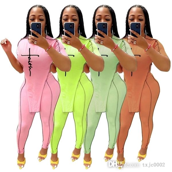 

designer women two piece pants set fashion streetwear irregular split letter print short sleeve crop and leggings outfits, White