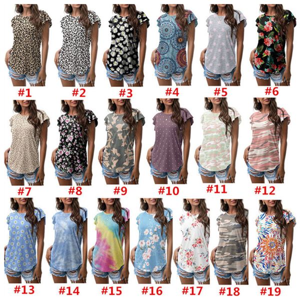 Mode Frauen T-shirt Sommer Tops Kurze Rüsche Hülse O-ansatz T Shirt Leopard Floral Gedruckt T-shirts Casual T-shirts Top Kleidung klassische