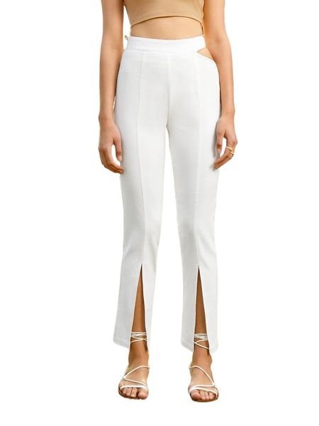 

solid cutout split hem pants m02q#, Black;white