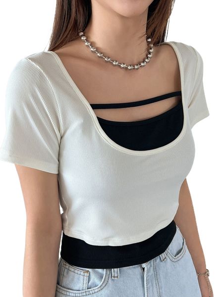 

dazy colorblock cut out front 2 in 1 tee s18b#, White