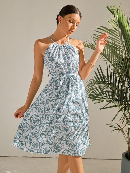 

floral print belted tie back dress n97x#, Black;gray