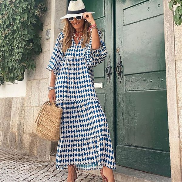 

bohemian summer dress women elegant lantern sleeve v neck loose floral print beach party maxi long dresses vacation vestido 226014, Black;gray