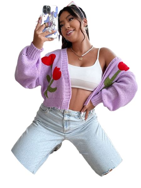 

plus floral pattern drop shoulder duster cardigan 15wk#, Black