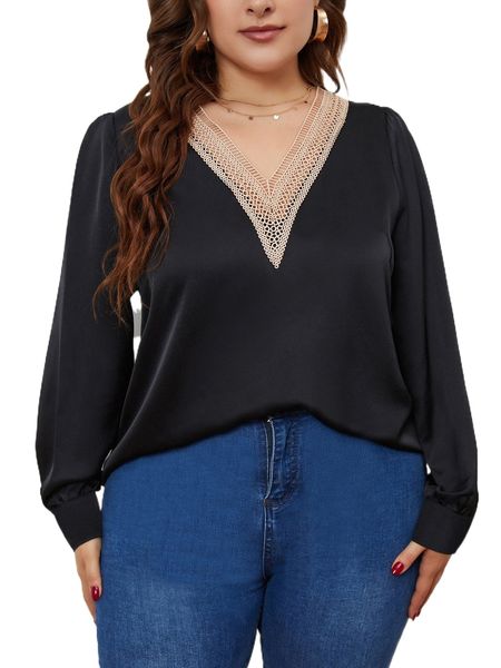 

plus contrast guipure lace v neck blouse u7ks#, Black