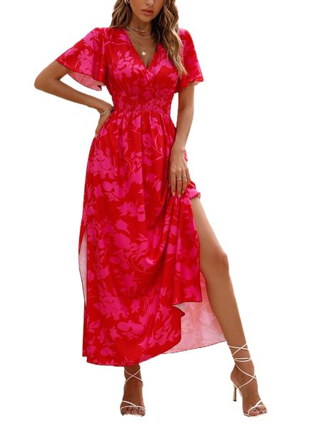 

floral print butterfly sleeve shirred -slit hem dress c36e#, Black;gray