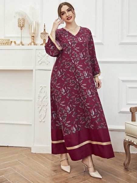 

plus feather print contrast tape tunic dress x87l#, Black