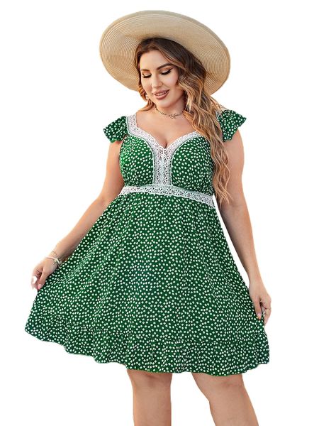 

plus ditsy floral print contrast lace ruffle trim dress s23h#, Black