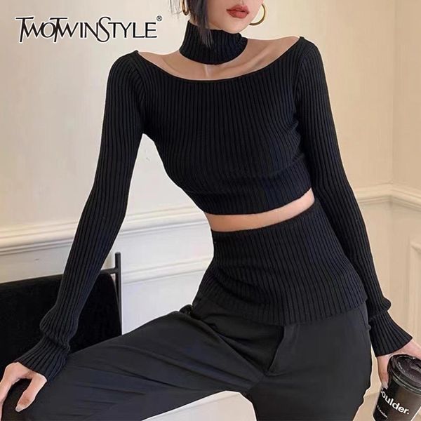 

black slim knitted for women turtleneck long sleeve hollow out casual sweaters female fashion clothing 210423, White;black