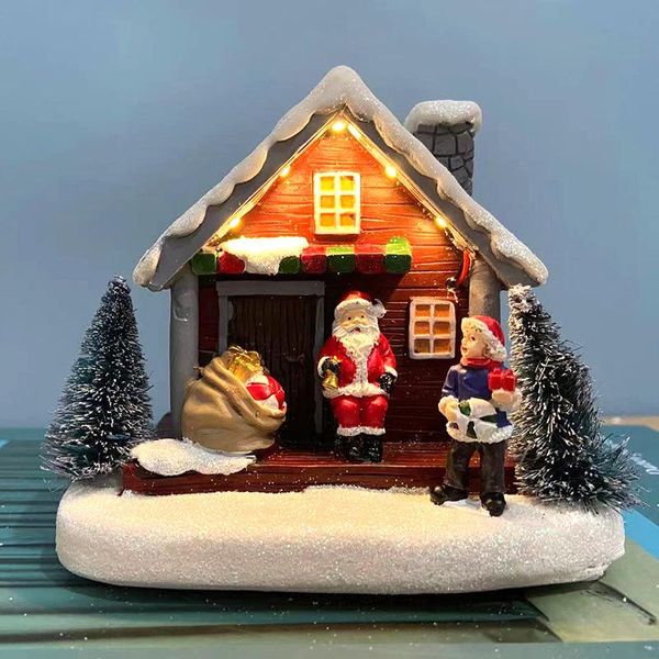 Decorações de Natal decoração em casa vila quente luminosa led pequena casa de neve Papai Noel Tree Gift Bag Hut Resin Orninentschristmas Deco