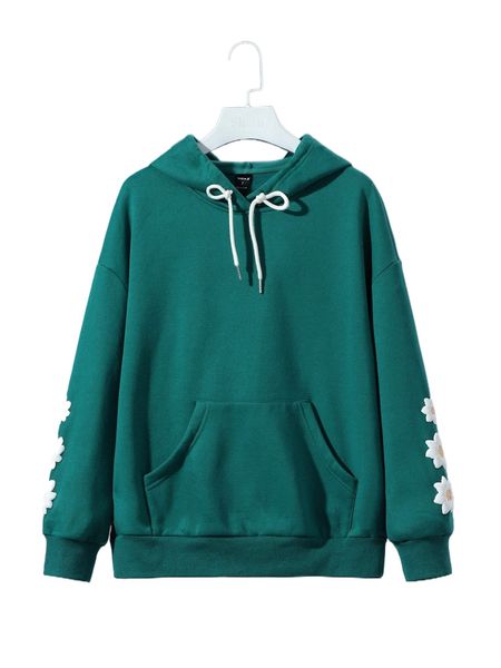 

x caitlinjane floral pattern drop shoulder drawstring hoodie f4ar#, Black