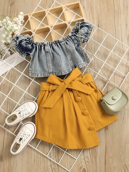 

little girl's off shoulder denim jacket and belt skirt she, White