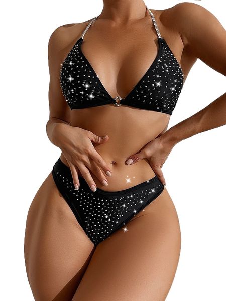 

studded halter triangle bikini swimsuit j6u4#, White;black