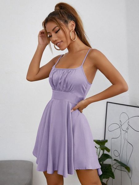

petite ruched bust flare hem cami dress 42bx#, Black;gray