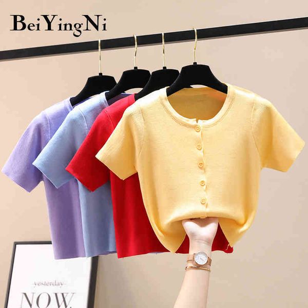 

singlebreasted women tshirt ulzzang harajuku casual cute knitted short sleeve t shirt female summer hipster clothes 210427, White