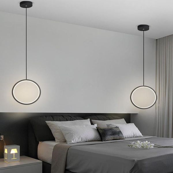 Lâmpadas pendentes modernas lâmpada redonda branca preta para a cama iluminação lateral nórdica simples LED Suspensão de arame longo pendurado LIVRA LIVRA PELE