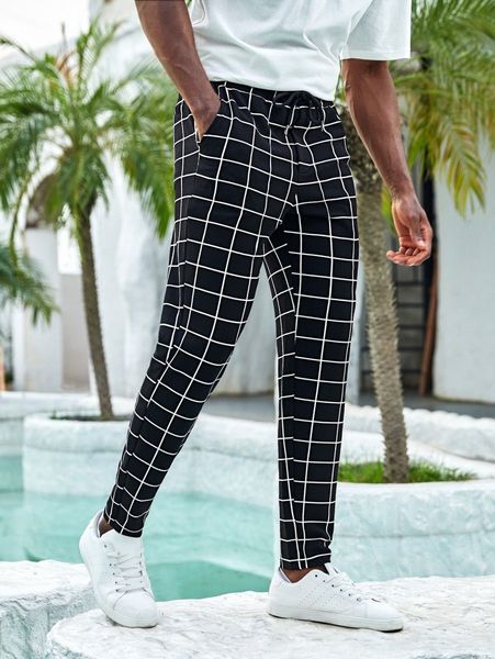 

men windowpane print drawstring waist tapered pants b9g8#, Black