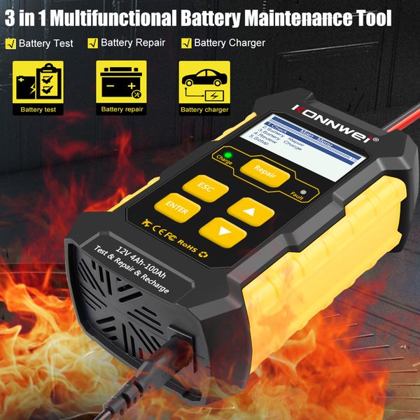 Novo Konnwei KW510 12V 5A Automático Testador de Bateria de Bateria Automática Carregador de Reparador de Pulso Múmido Deca Deca Deca Deca de Carro Reparo Bateria AGM Gel Rápido