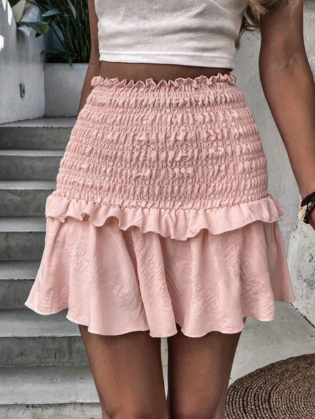 

shirred ruffle trim solid paperbag skirt 51al#, Black