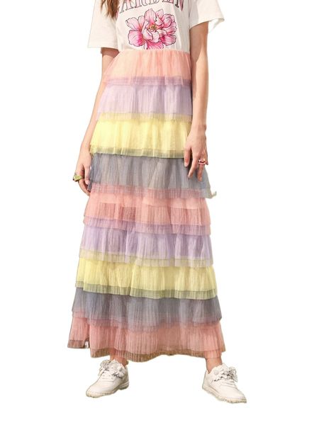 

colorblock sheer mesh layered skirt x2dt#, Black