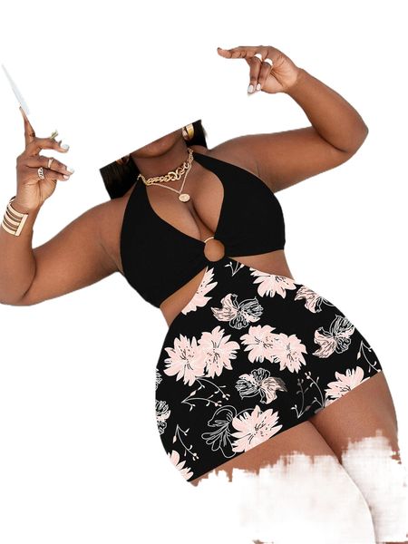 

plus floral print ring linked halter one piece swimsuit z4se#, White;black