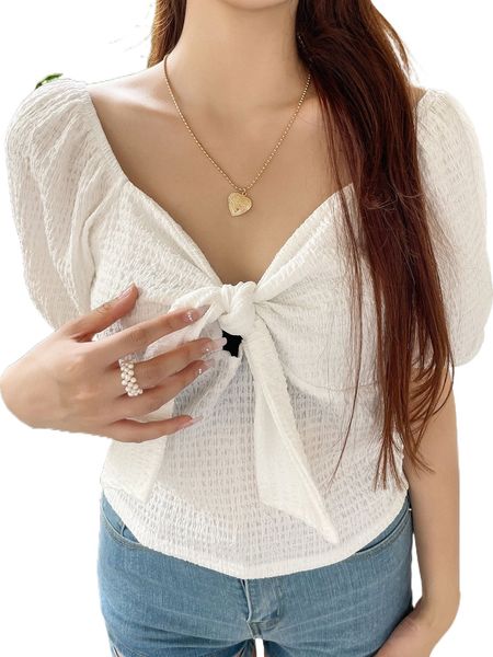 

dazy sweetheart neck tie front textured tee t4pw#, White