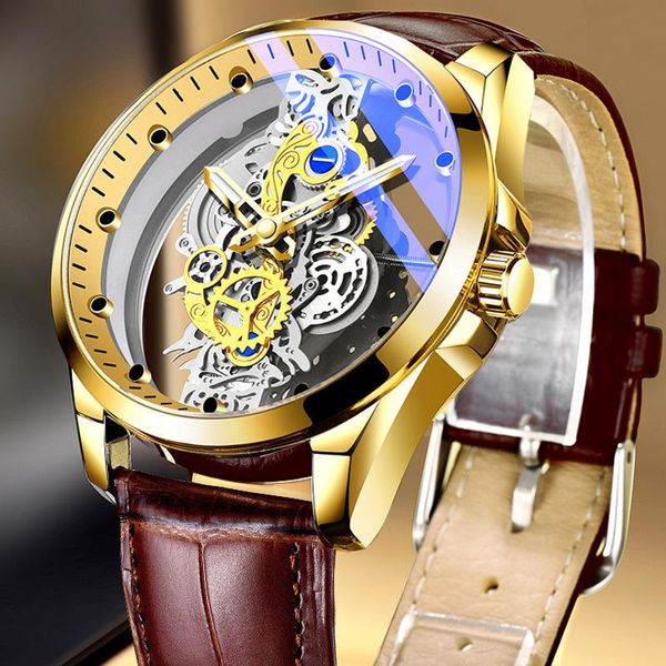 Relógios de pulso assistir homens esqueleto de ouro mecânico automático de ouro duplo e lados vintage masculina os relógios da marca de luxo