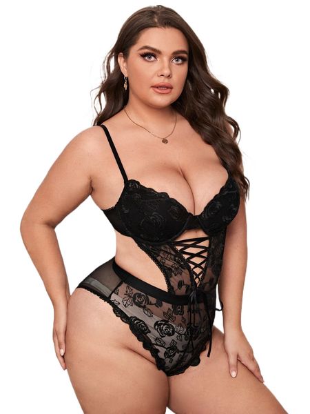 

plus floral lace lace-up teddy bodysuit d0bx#, Black;white